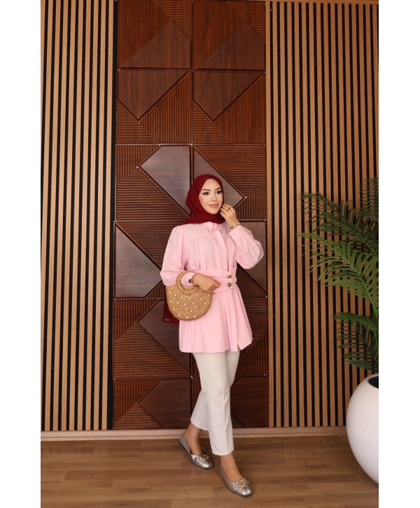 Geniş Kemerli Poplin Gömlek - Pembe