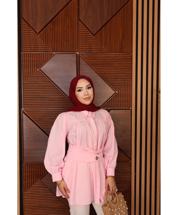 Geniş Kemerli Poplin Gömlek - Pembe