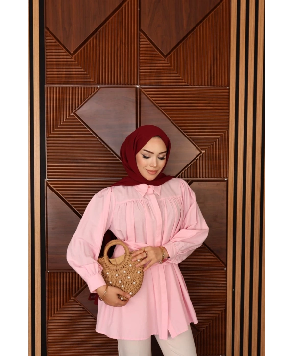 Geniş Kemerli Poplin Gömlek - Pembe