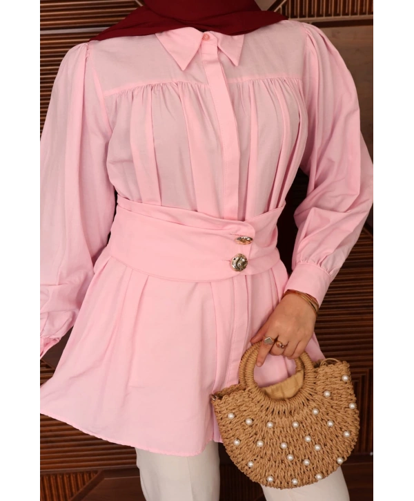 Geniş Kemerli Poplin Gömlek - Pembe