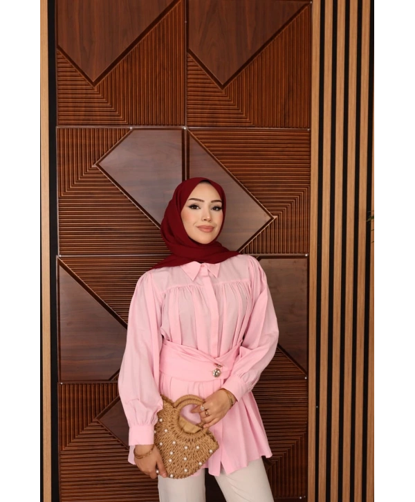 Geniş Kemerli Poplin Gömlek - Pembe