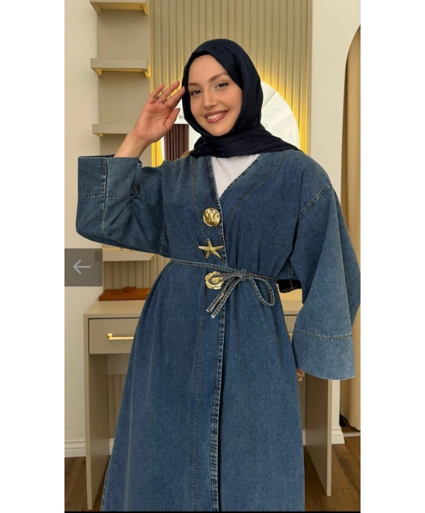 Gold İğne Kapamalı Açık Kot Kimono
