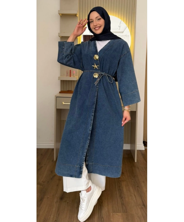 Gold İğne Kapamalı Açık Kot Kimono