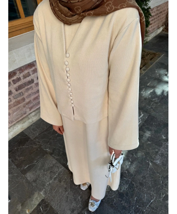 HIRKALI TRİKO ELBİSE - KREM