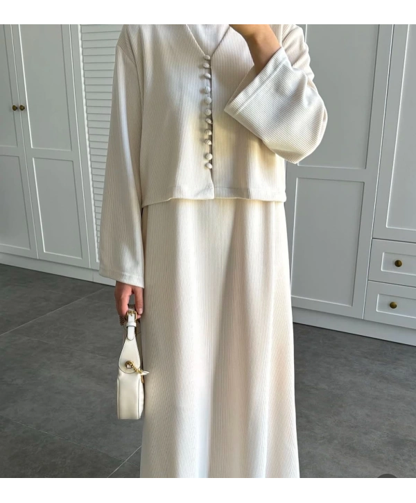 HIRKALI TRİKO ELBİSE - KREM