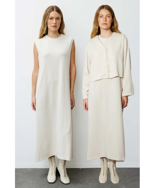 HIRKALI TRİKO ELBİSE - KREM