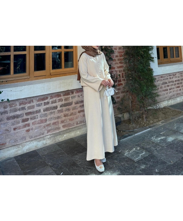 HIRKALI TRİKO ELBİSE - KREM