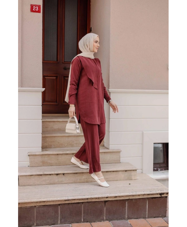 İpek Ten.sel Pantolonlu Takım - Bordo