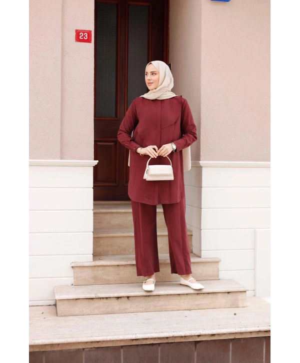 İpek Ten.sel Pantolonlu Takım - Bordo