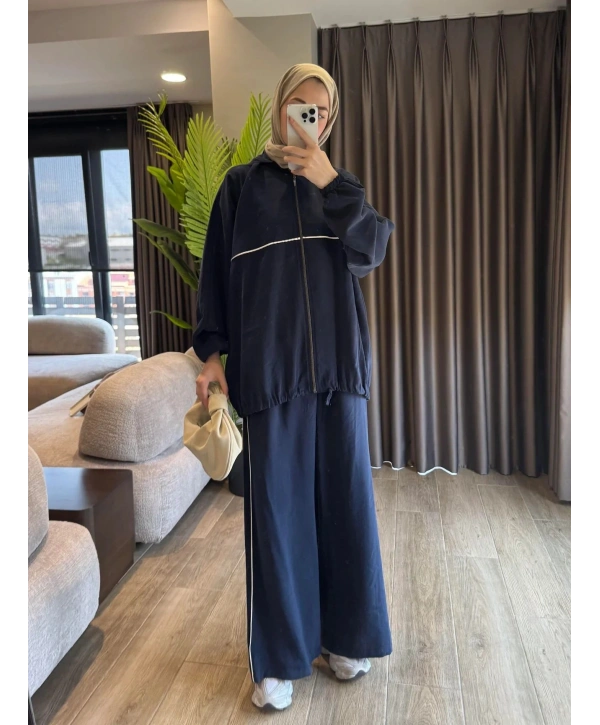 Kapüşonlu Çizgili Rahat Takım - Lacivert