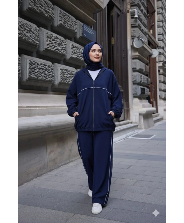 Kapüşonlu Çizgili Rahat Takım - Lacivert