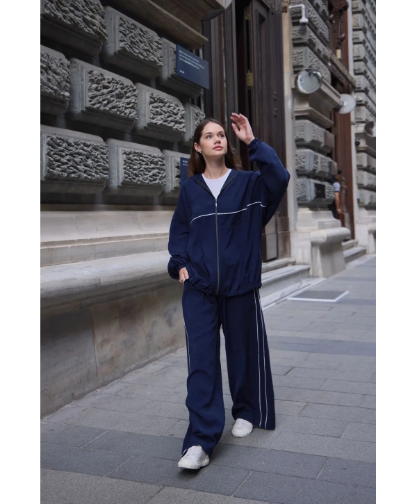 Kapüşonlu Çizgili Rahat Takım - Lacivert