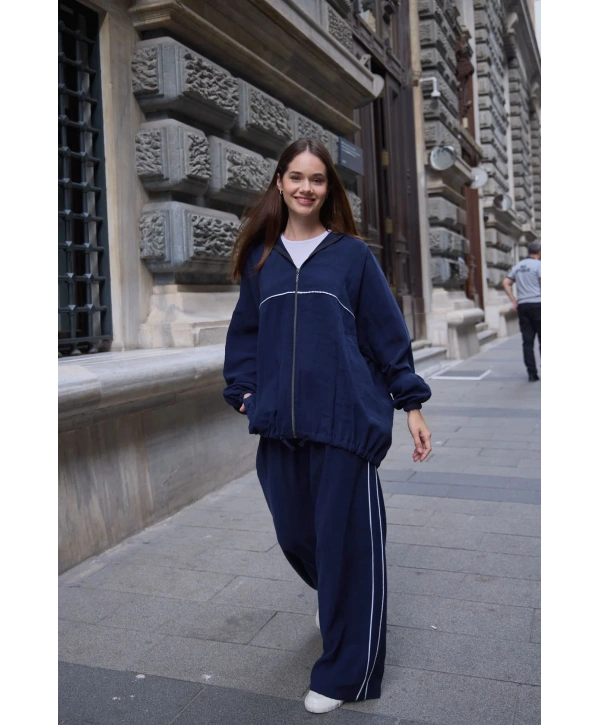 Kapüşonlu Çizgili Rahat Takım - Lacivert