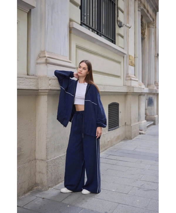 Kapüşonlu Çizgili Rahat Takım - Lacivert