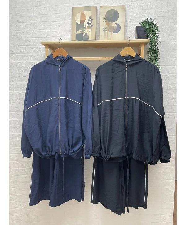 Kapüşonlu Çizgili Rahat Takım - Lacivert