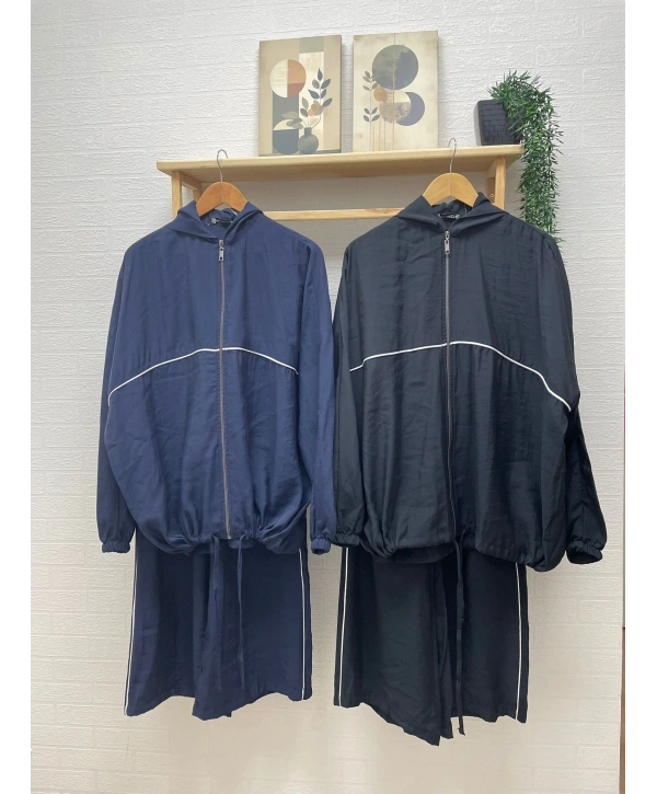 Kapüşonlu Çizgili Rahat Takım - Lacivert