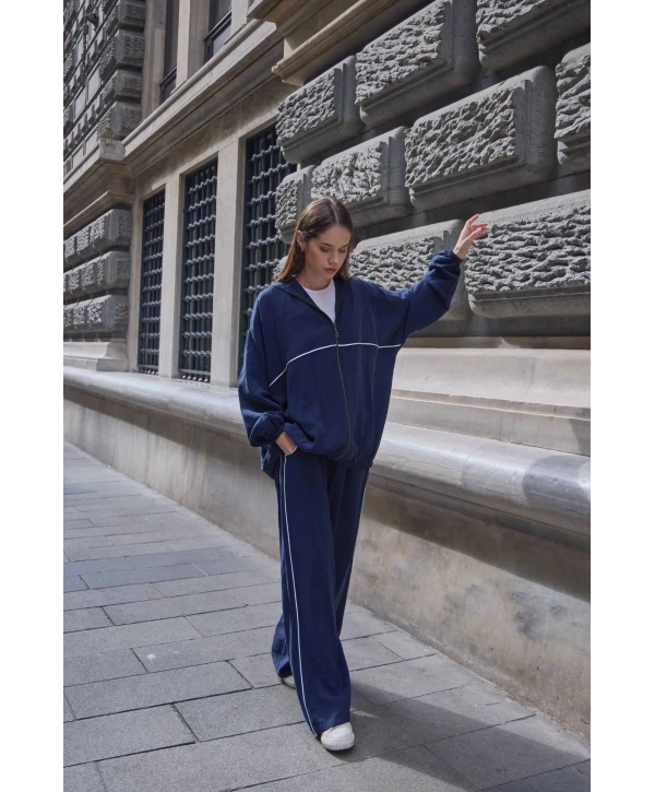 Kapüşonlu Çizgili Rahat Takım - Lacivert