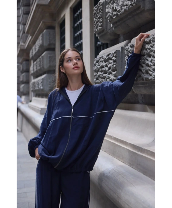 Kapüşonlu Çizgili Rahat Takım - Lacivert