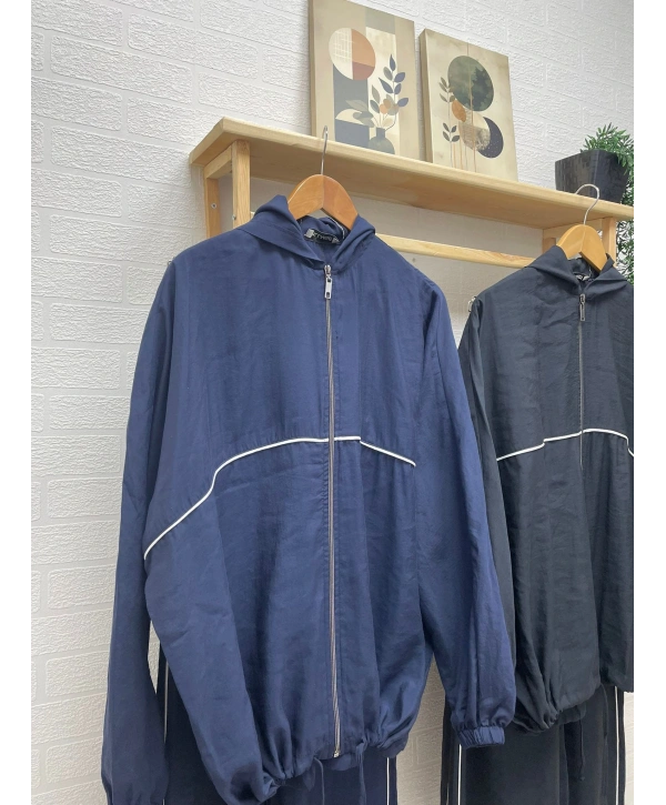 Kapüşonlu Çizgili Rahat Takım - Lacivert