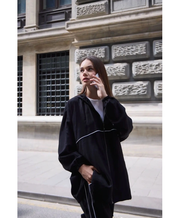 Kapüşonlu Çizgili Rahat Takım - Siyah