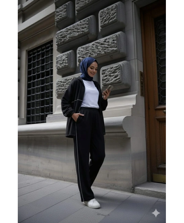 Kapüşonlu Çizgili Rahat Takım - Siyah