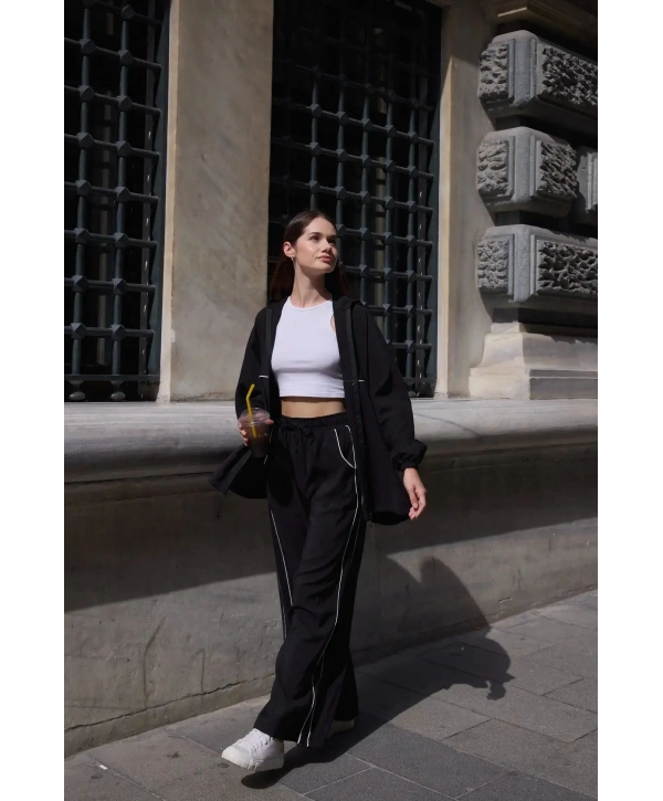 Kapüşonlu Çizgili Rahat Takım - Siyah