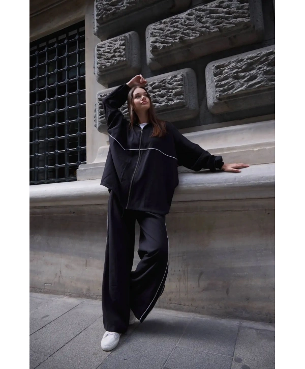 Kapüşonlu Çizgili Rahat Takım - Siyah