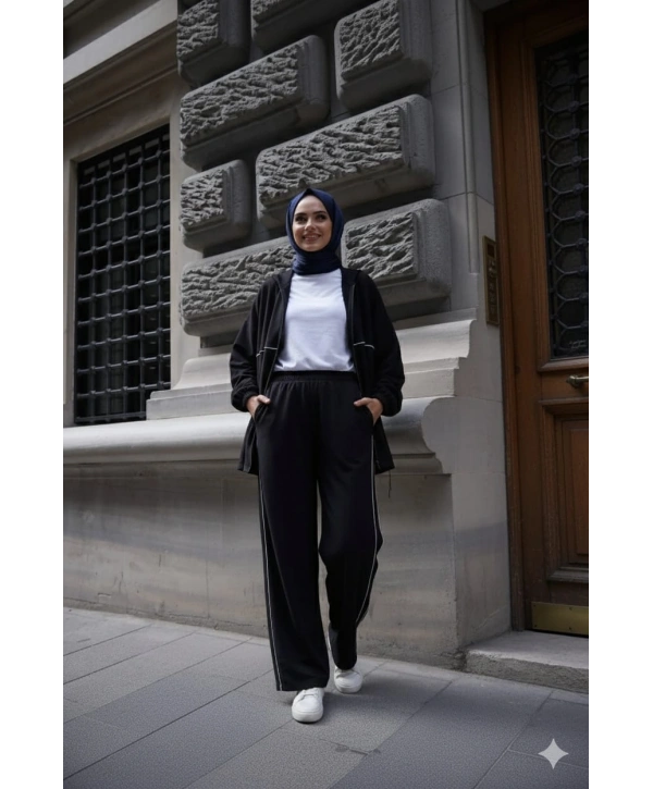 Kapüşonlu Çizgili Rahat Takım - Siyah