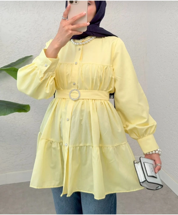 Kemerli Beli Lastikli Tunik - Sarı