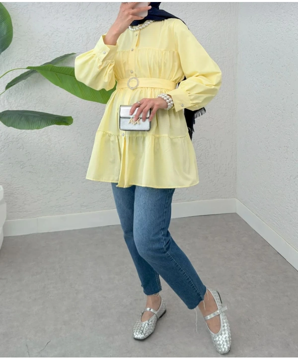 Kemerli Beli Lastikli Tunik - Sarı