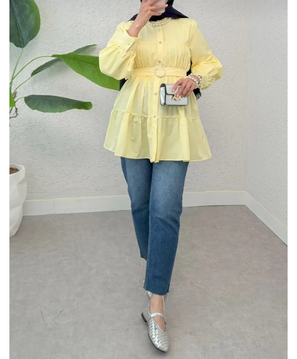 Kemerli Beli Lastikli Tunik - Sarı