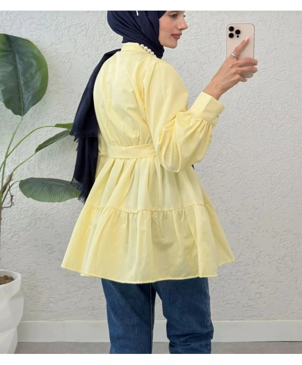 Kemerli Beli Lastikli Tunik - Sarı