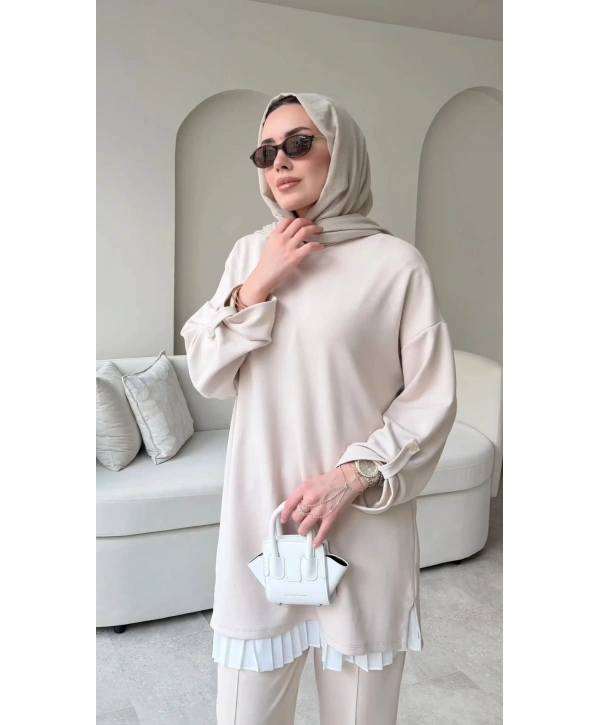 Kol Düğme Detaylı Takım - Bej