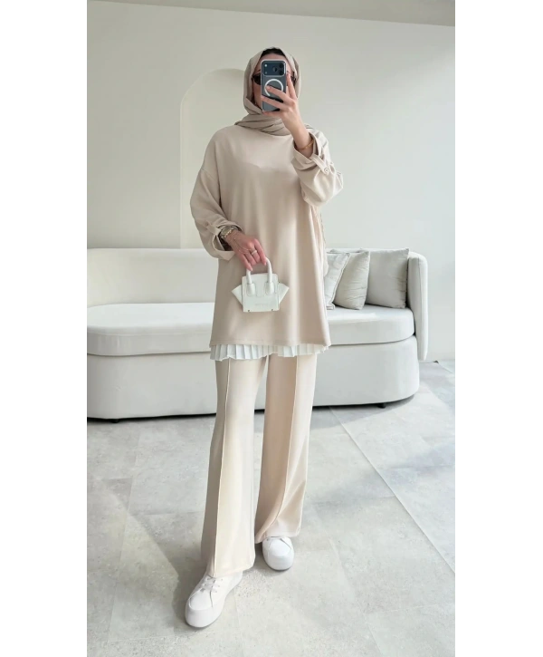 Kol Düğme Detaylı Takım - Bej