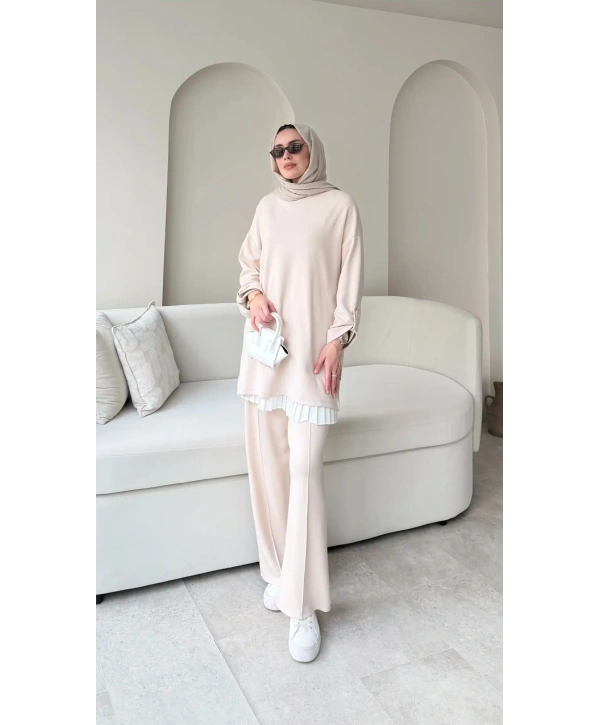 Kol Düğme Detaylı Takım - Bej