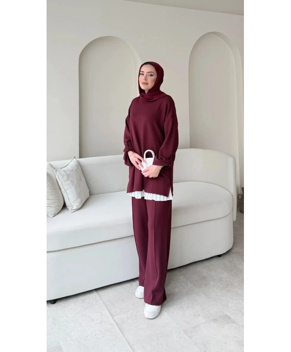 Kol Düğme Detaylı Takım - Bordo