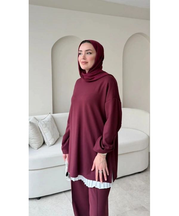 Kol Düğme Detaylı Takım - Bordo