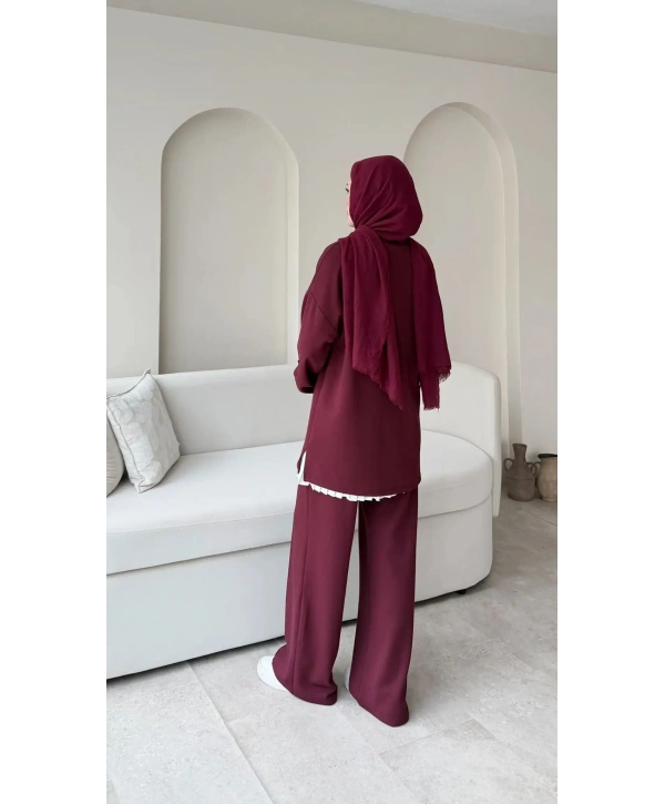 Kol Düğme Detaylı Takım - Bordo