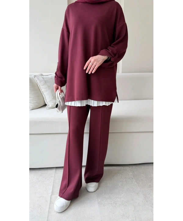 Kol Düğme Detaylı Takım - Bordo