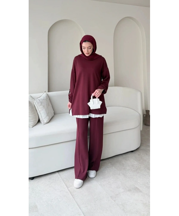 Kol Düğme Detaylı Takım - Bordo