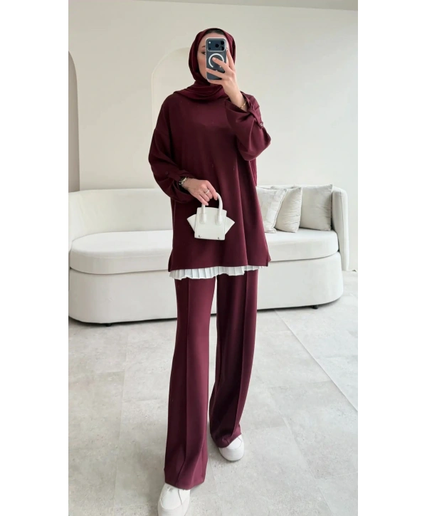 Kol Düğme Detaylı Takım - Bordo