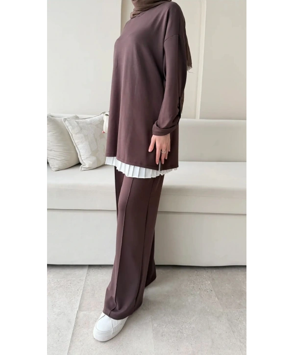 Kol Düğme Detaylı Takım - Kahverengi