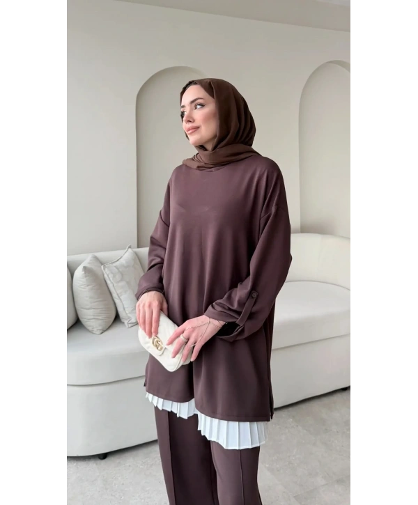 Kol Düğme Detaylı Takım - Kahverengi