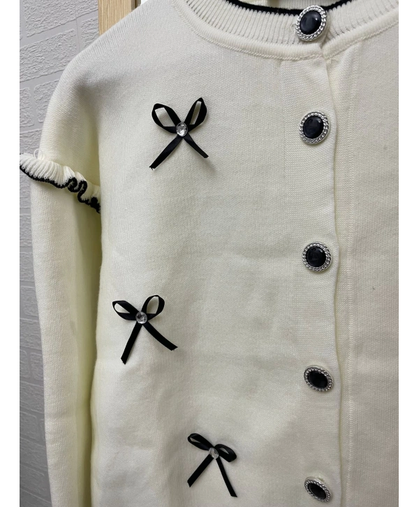 Kurdela Fiyonklu Triko Hırka - Beyaz