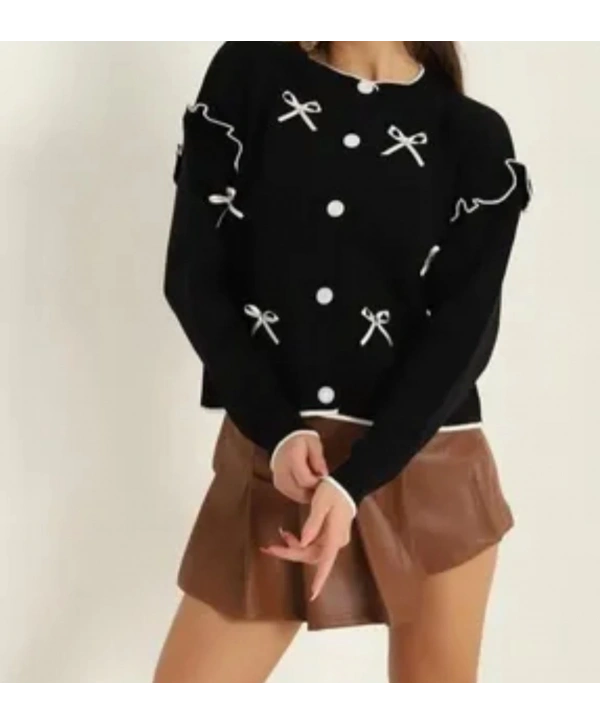 Kurdela Fiyonklu Triko Hırka - Siyah