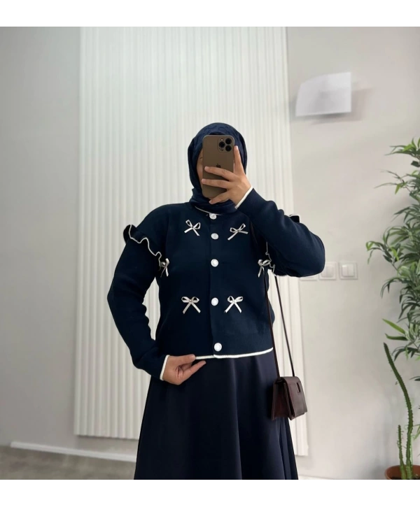 Kurdela Fiyonklu Triko Hırka - Lacivert