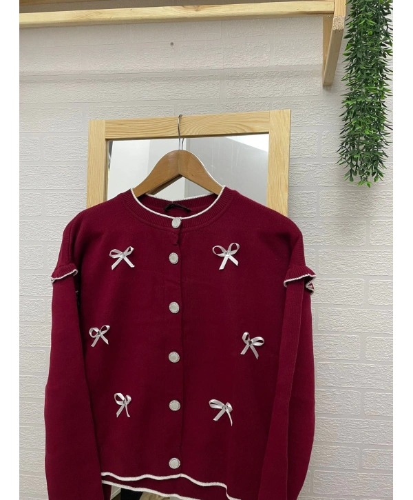 Kurdela Fiyonklu Triko Hırka - Bordo