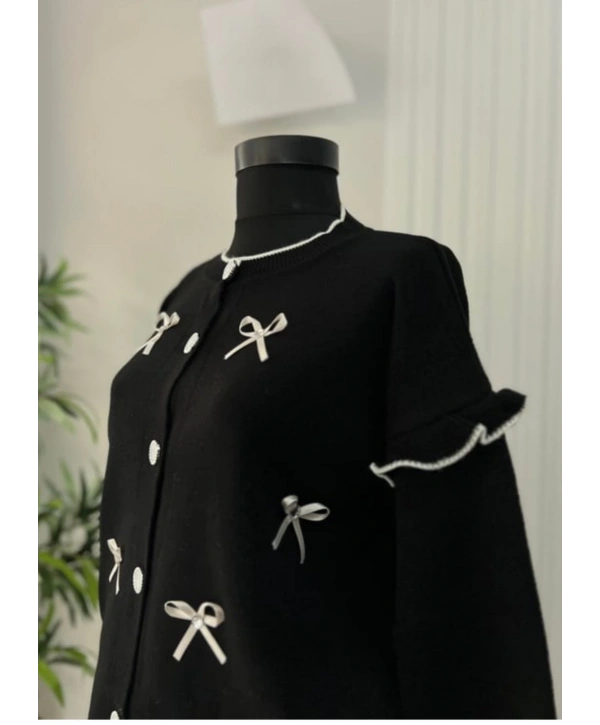 Kurdela Fiyonklu Triko Hırka - Siyah