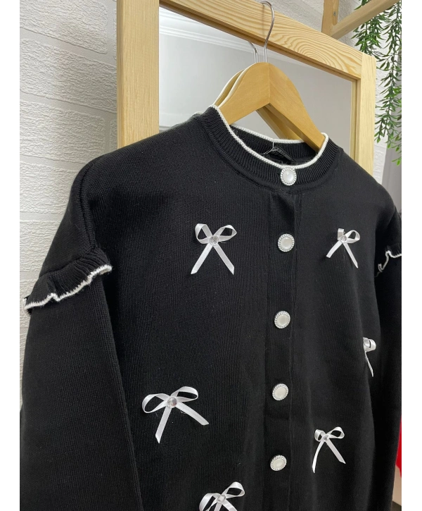 Kurdela Fiyonklu Triko Hırka - Siyah