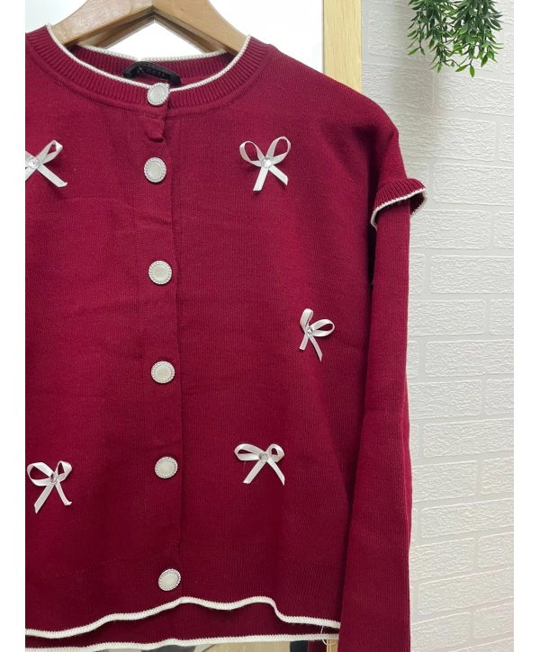 Kurdela Fiyonklu Triko Hırka - Bordo